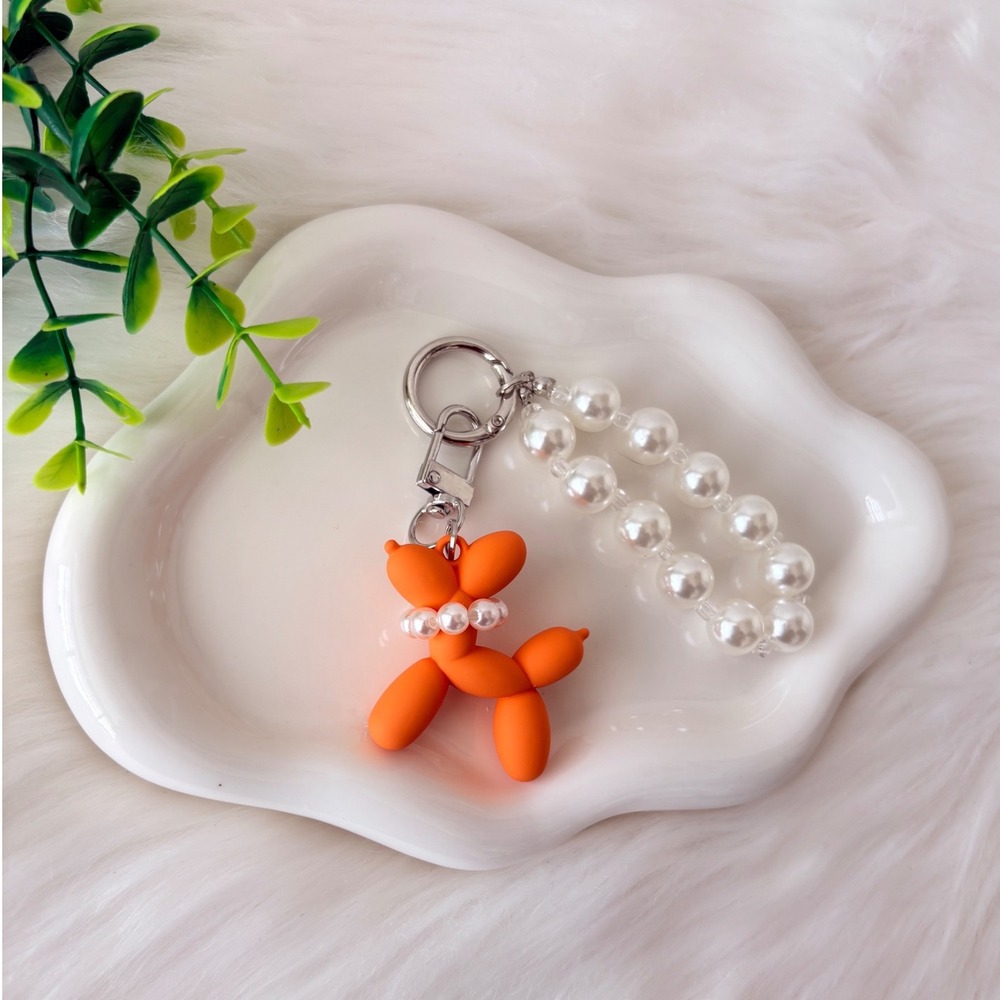 Orange Balloon Dog Keychain/ Bag Charm Pearl Detail - Picture 3 of 5